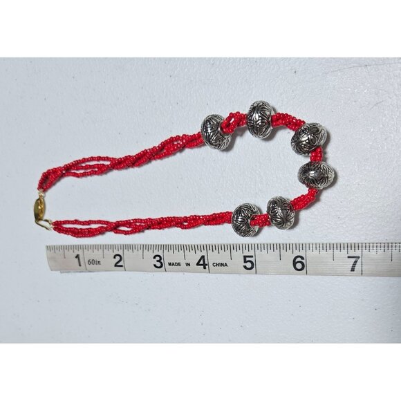 Vintage Red Glass Bead Chunky Necklace Silver Tone Filigree Beads Fashion Women - Picture 5 of 5